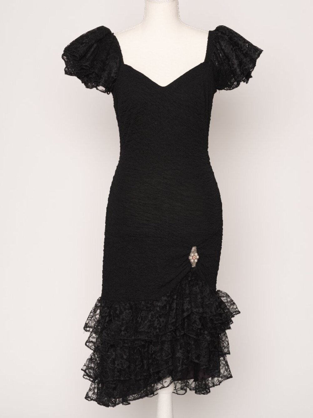 Nuance Vintage 80s Black Lace Ruffle Sleeve Prom Dress XXS XS Size 00 0 2 Tag 9